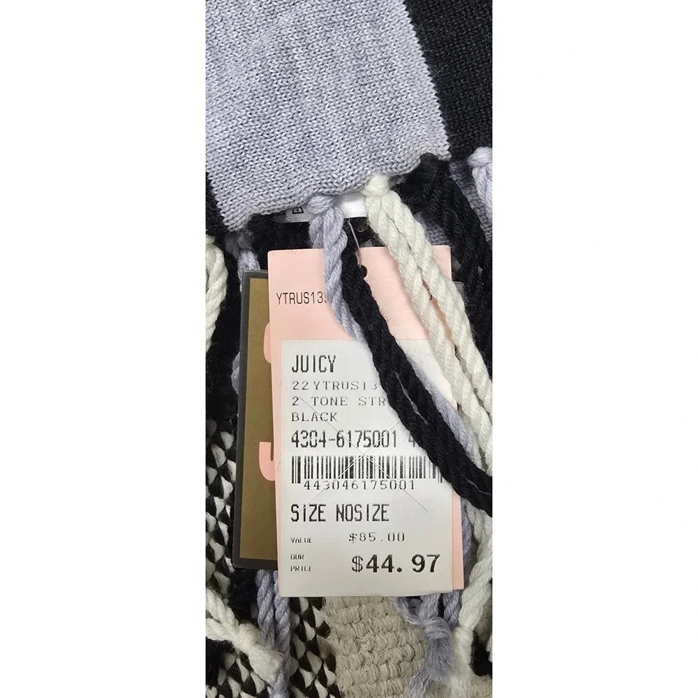 Juicy Couture House Of Juicy Scarf Wrap Fringed Gray‎ White Black Soft Warm NWT